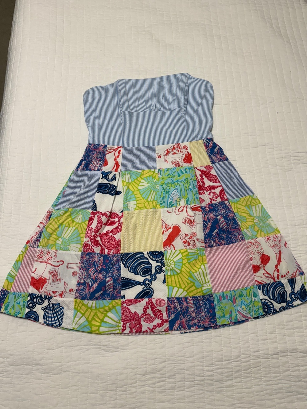 ✨ Vintage Lilly Pulitzer Patchwork Seersucker Strapless Dress | Size 12 | EUC ✨